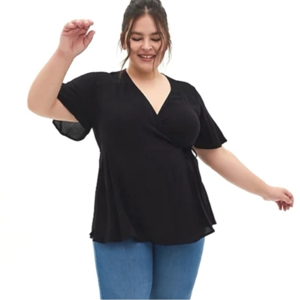 Torrid Blouse Womens Plus Size 3 Black Surplice Wrap V-Neck Tie Waist